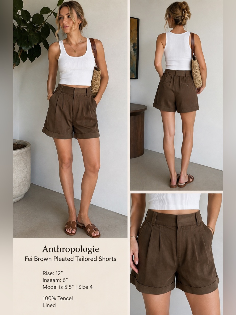Anthropologie Fei Pleated High Rise Cuffed Tailored Shorte in Brown.